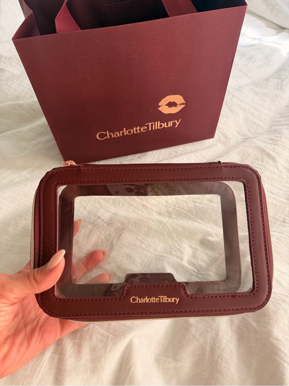 NWOT Charlotte Tilbury Burgundy Clear Cosmetic Case with Gold Logo
